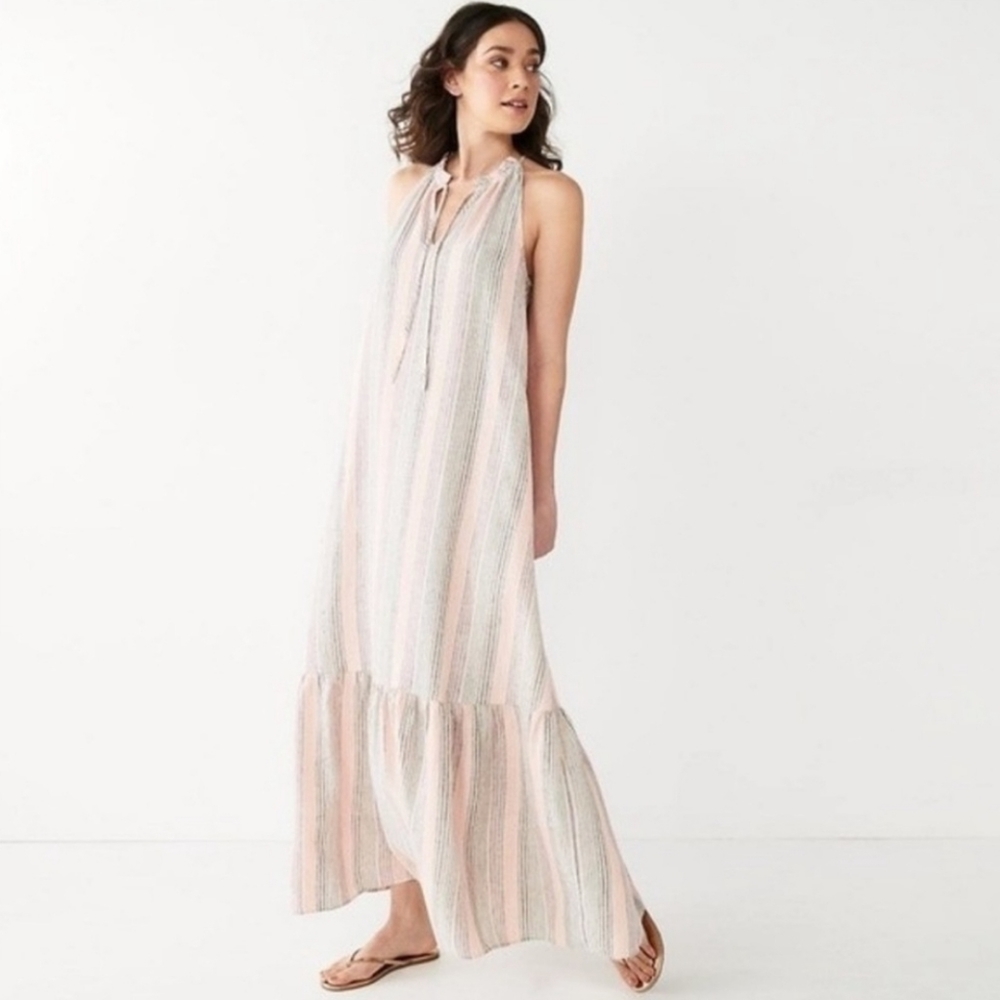 Nine West Linen Blend Tiered Peasant Striped Maxi Dress Size L - Picture 1 of 6